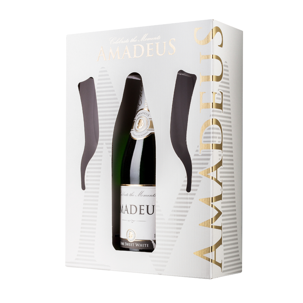 Wino musujące Amadeus 10,5% białe półsłodkie 750 ml + kieliszki