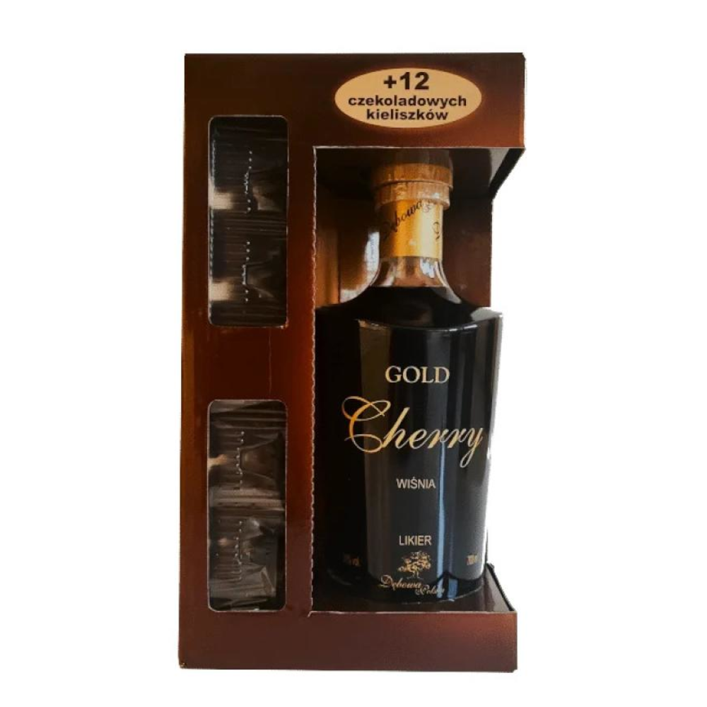 Likier Dębowa Polska Gold Wiśniowy 20% 700 ml kartonik + 12 czekoladowych kieliszków