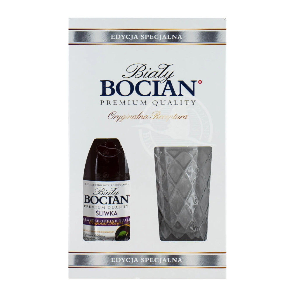 Likier Biały Bocian Śliwka 30% 500 ml + szklanka